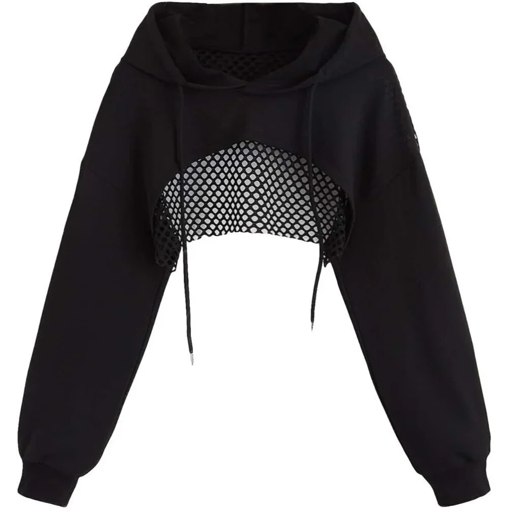 Women's Cropped Hoodie Polyester Drop Shoulder Hollow Out Pullover